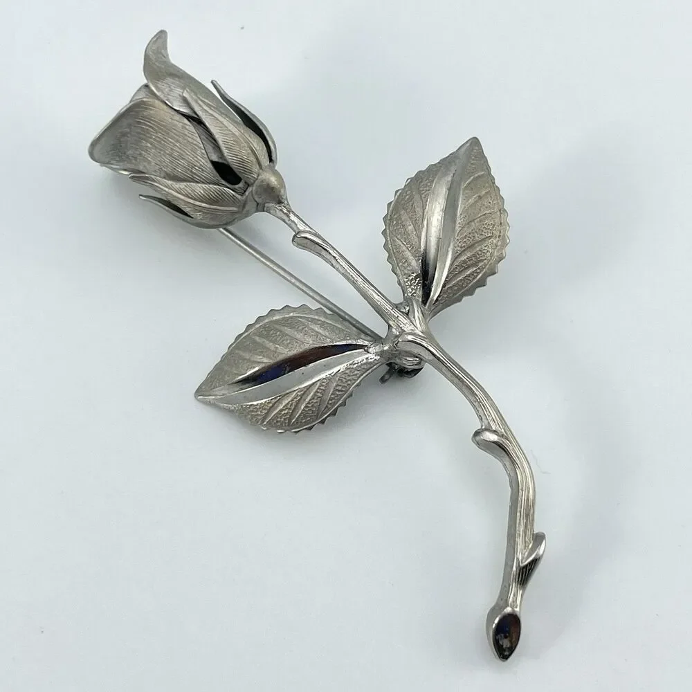 Vintage Silver Tone Budding Rose Brooch Flower Brushed Classic Signed 2.75